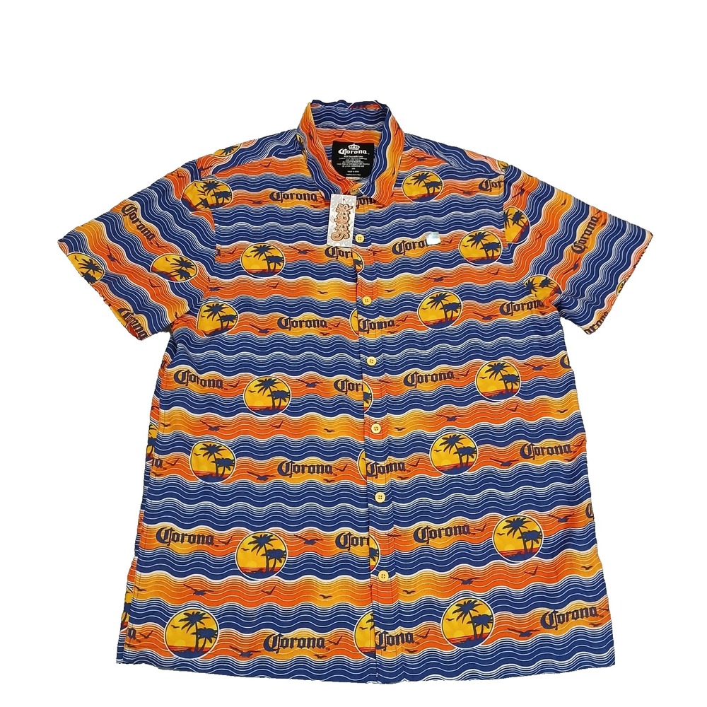 CORONA Shirt Mens Size L Corona Beer Button Up Island Print‎ Camp Hawaiian
